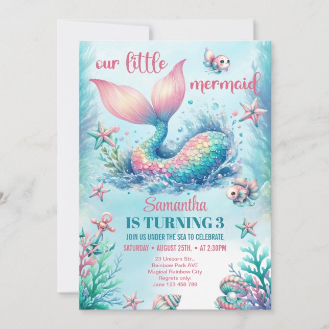 Trendy watercolor turquoise mermaid tail birthday invitation (Front)