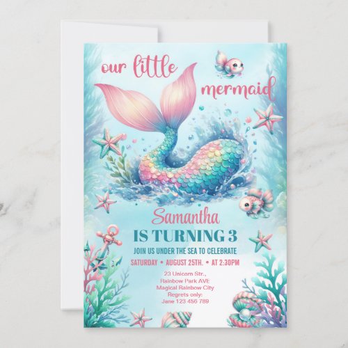 Trendy watercolor turquoise mermaid tail birthday invitation