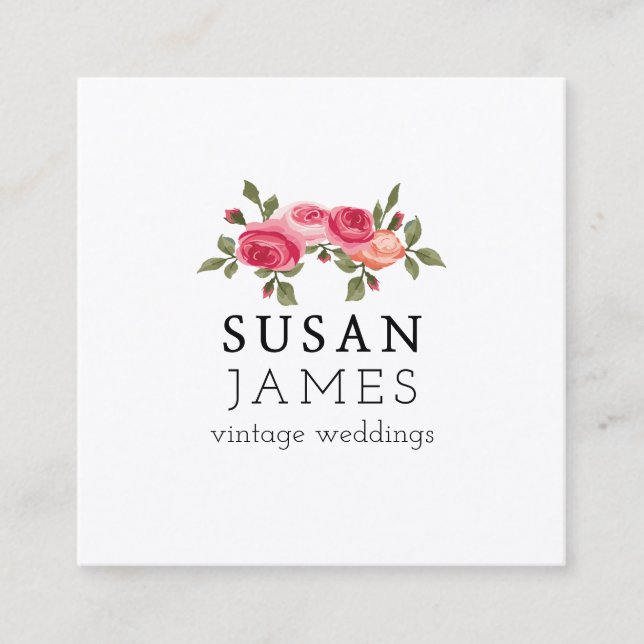 Trendy Watercolor Vintage Roses Floral Simples Square Business Card (Front)