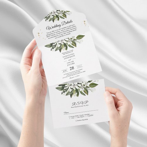 Trendy Watercolor White Flowers  Leaves All In One Invitation