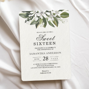 Trendy Watercolor White Flowers & Leaves Invitation