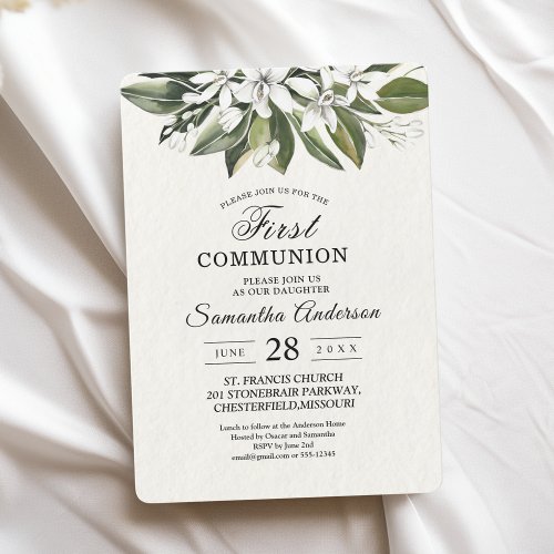 Trendy Watercolor White Flowers  Leaves Invitation