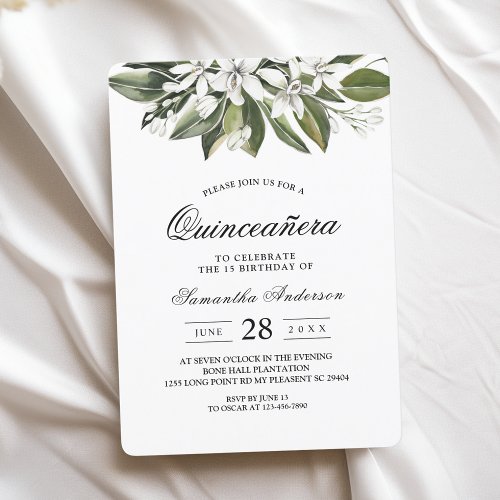 Trendy Watercolor White Flowers  Leaves Invitation