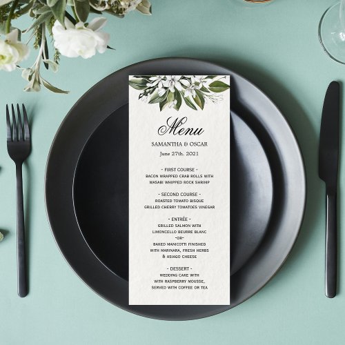 Trendy Watercolor White Flowers  Leaves Menu