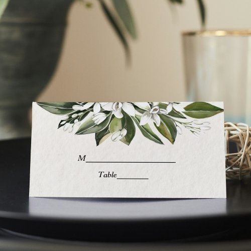 Trendy Watercolor White Flowers  Leaves Place Card