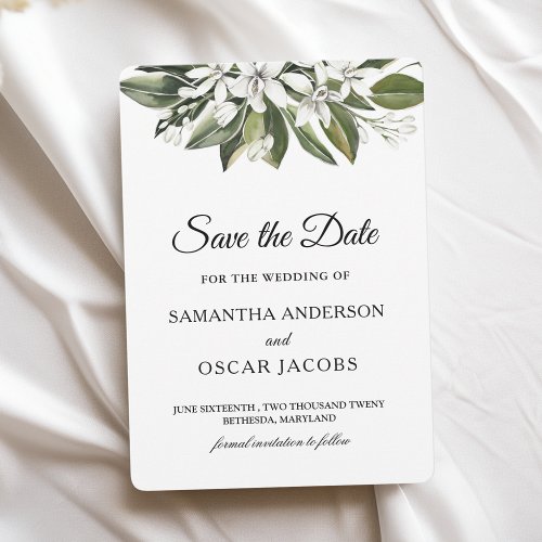 Trendy Watercolor White Flowers  Leaves Save The Date