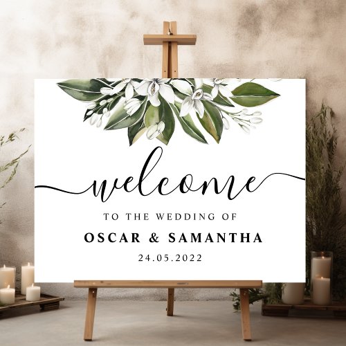 Trendy Watercolor White Flowers  Leaves Sign