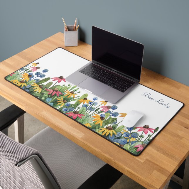 Trendy, Watercolor Wildflowers Border Pattern  Desk Mat (Office 2)