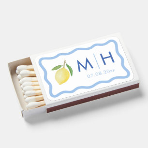 Trendy Wavy Border Lemon Monogram Wedding Matchboxes