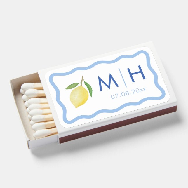Trendy Wavy Border Lemon Monogram Wedding Matchboxes (Front Open)