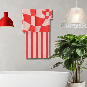 Trendy wavy checkerboard Pink Red Cute pattern Bath Towel Set