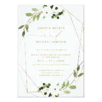 Trendy Wedding Invite Geometric Greenery Faux Foil