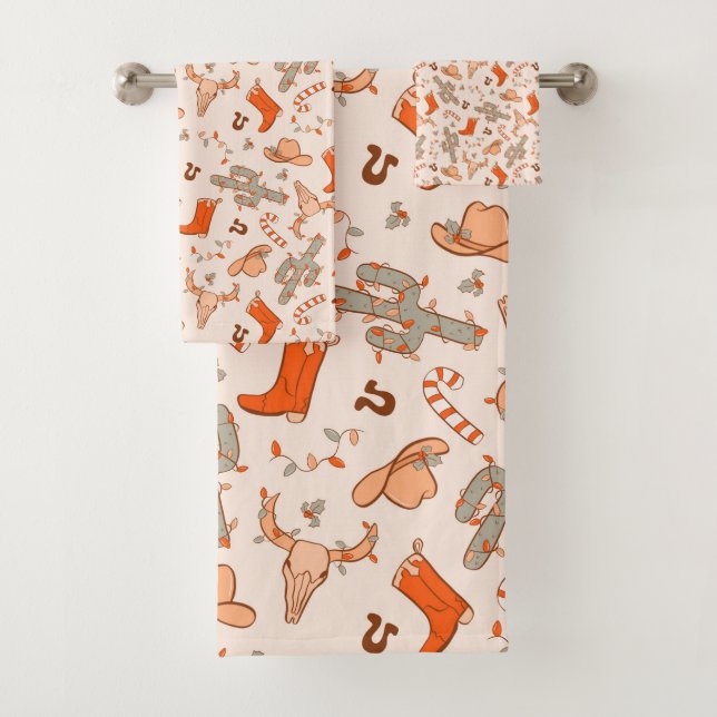 Trendy Western Cowboy Aesthetic Christmas Pattern Bath Towel Set (Insitu)
