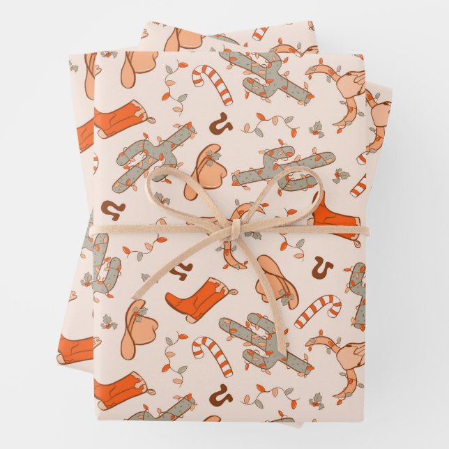 Trendy Western Cowboy Aesthetic Christmas Pattern Wrapping Paper Sheets (In situ)