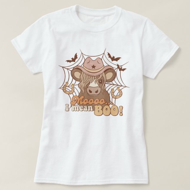 Trendy Western Funny Cow Moo Boo Halloween T-Shirt (Design Front)