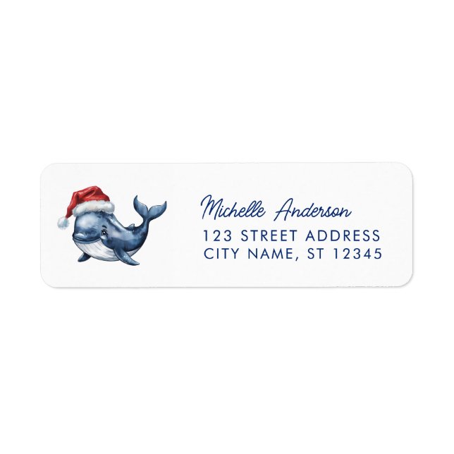 Trendy Whale in Santa Hat Christmas Return Address Label (Front)