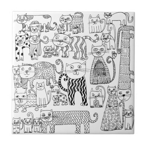 Trendy Whimsical Black and White Cat Patterned Ceramic Tile