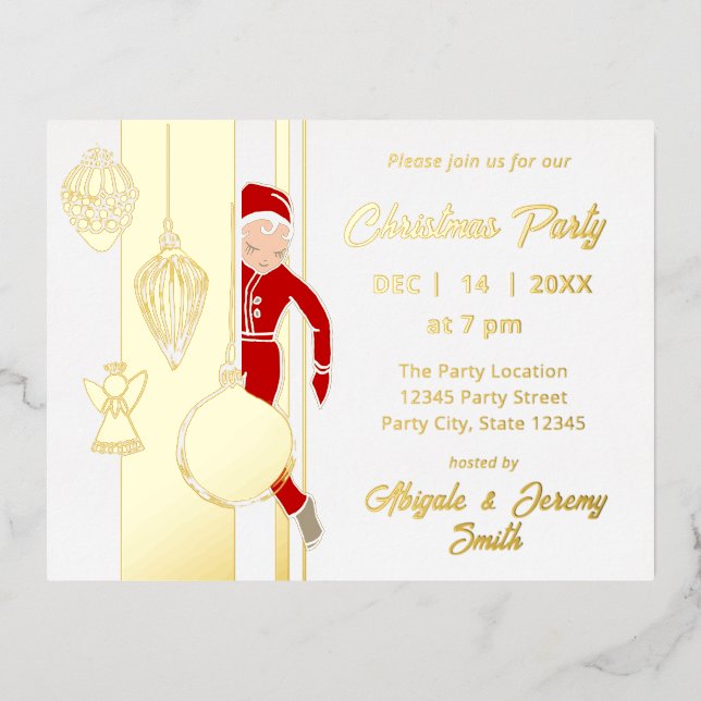 Trendy Whimsical Christmas Ornament Party Foil Invitation Postcard (Front)