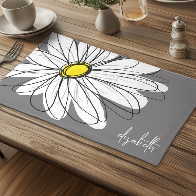 Trendy Whimsical Daisy with Modern Script Name Cloth Placemat (Personalized Cloth Placemat)
