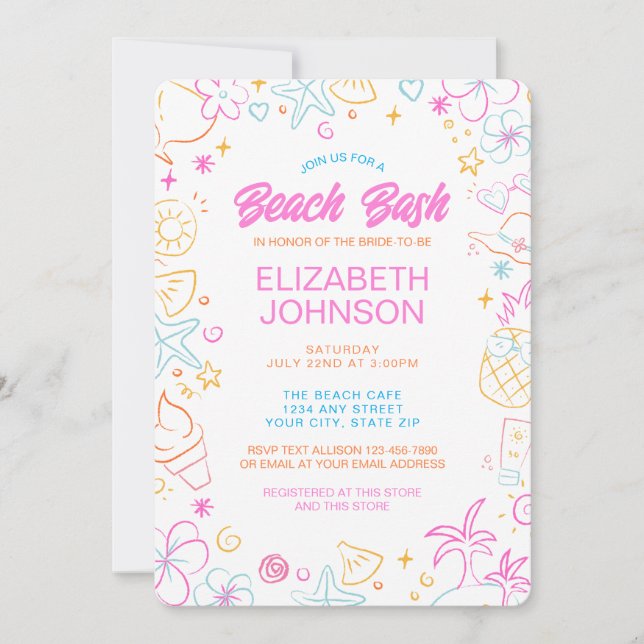 Trendy Whimsical Doodle Beach Bash Bridal Shower Invitation (Front)