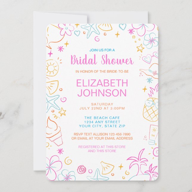 Trendy Whimsical Hand Drawn Beach Bridal Shower Invitation (Front)