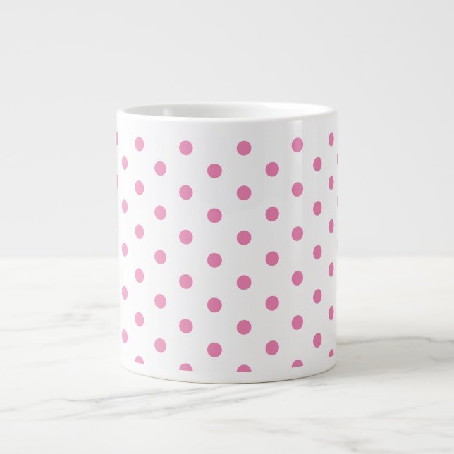 Trendy White and Pink Polka Dots Pattern Retro Giant Coffee Mug (Front)