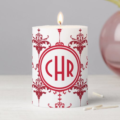 Trendy White and Red Damask Monogram Pillar Candle