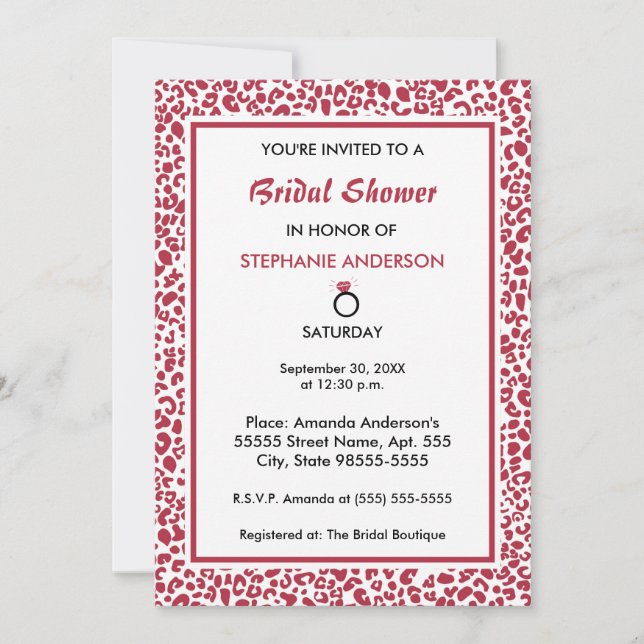Trendy White and Red Leopard Print Bridal Shower Invitation (Front)