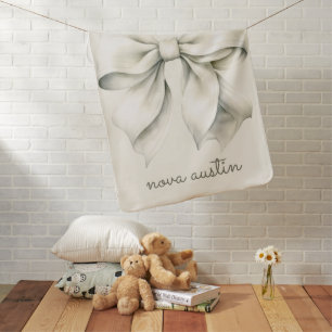 Trendy White Bow Personalized With Name Monogram Baby Blanket