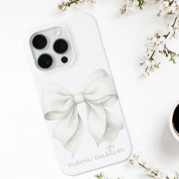 Trendy White Bow Personalized With Name Monogram iPhone 15 Pro Case