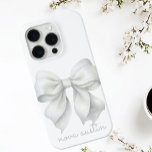 Trendy White Bow Personalized With Name Monogram iPhone 15 Pro Case<br><div class="desc">Elevate your phone's style with the Trendy White Bow Personalized With Name Monogram iPhone Case, a perfect blend of elegance and modern design. This custom phone case features a delicate watercolor bow in a chic white hue, capturing the essence of a preppy coquette aesthetic. The personalized name monogram adds a...</div>