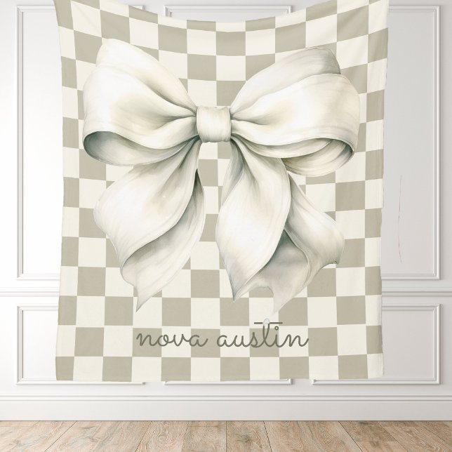 Trendy White Bow Personalized With Name Monogram Fleece Blanket (Creator Uploaded)