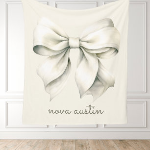 Trendy White Bow Personalized With Name Monogram Fleece Blanket