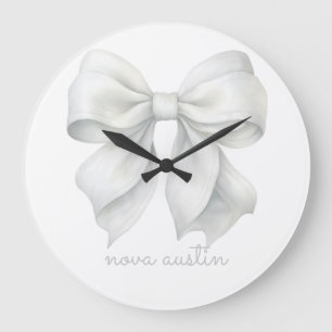 Trendy White Bow Personalized With Name Monogram Large Clock