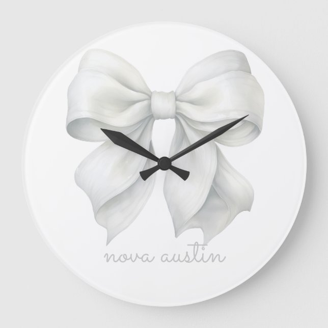 Trendy White Bow Personalized With Name Monogram Large Clock (Front)