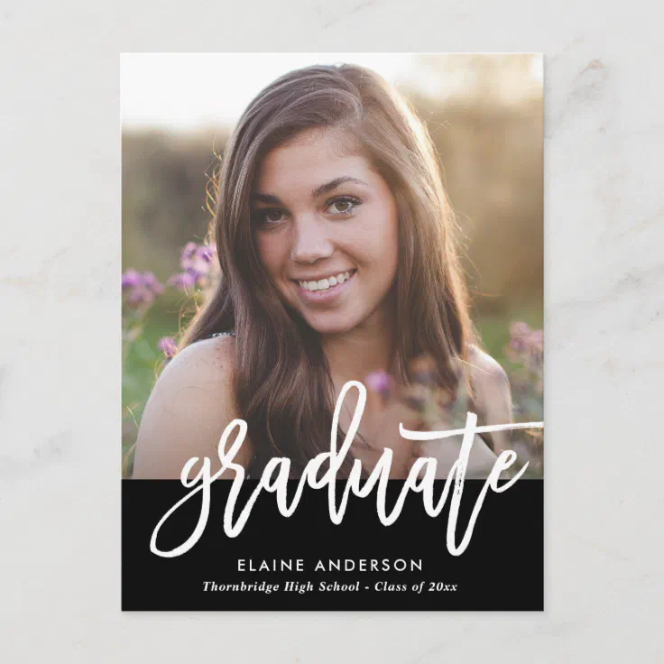 Trendy white Brush script graduation invitation Postcard | Zazzle