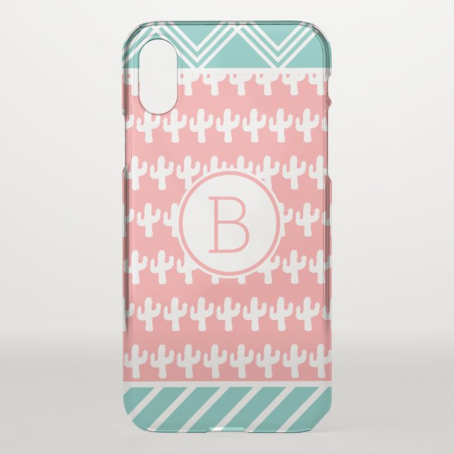 Trendy White Cactus & Geometric | Personalized Uncommon iPhone Case (Back)