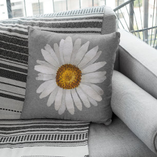 Trendy White Daisy Watercolor Grey Gray Throw Pillow