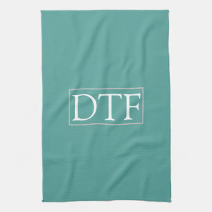Trendy White DIY Monogram/Name LtGrey Border, Teal Kitchen Towel