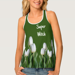 Trendy white flowers cute green girly woman's boho tank top