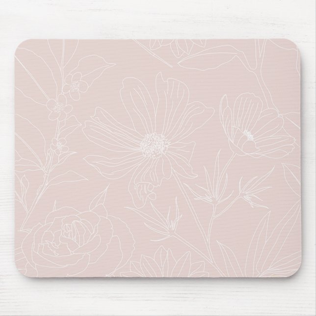 Trendy White Flowers outlines Blush Pink design Mouse Pad (Front)