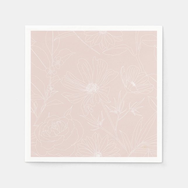 Trendy White Flowers outlines Blush Pink design Napkins (Front)