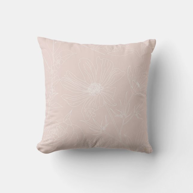 Trendy White Flowers outlines Blush Pink design Throw Pillow (Front)