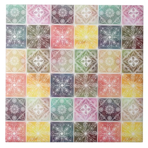 Trendy White Geometric Ornament Colorful Tile Art