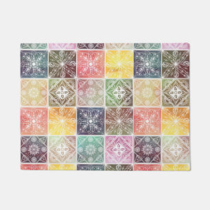 Trendy White Geometric Ornament Colorful Tile Art Doormat