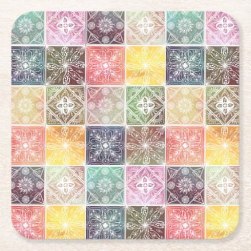 Trendy White Geometric Ornament Colorful Tile Art Square Paper Coaster