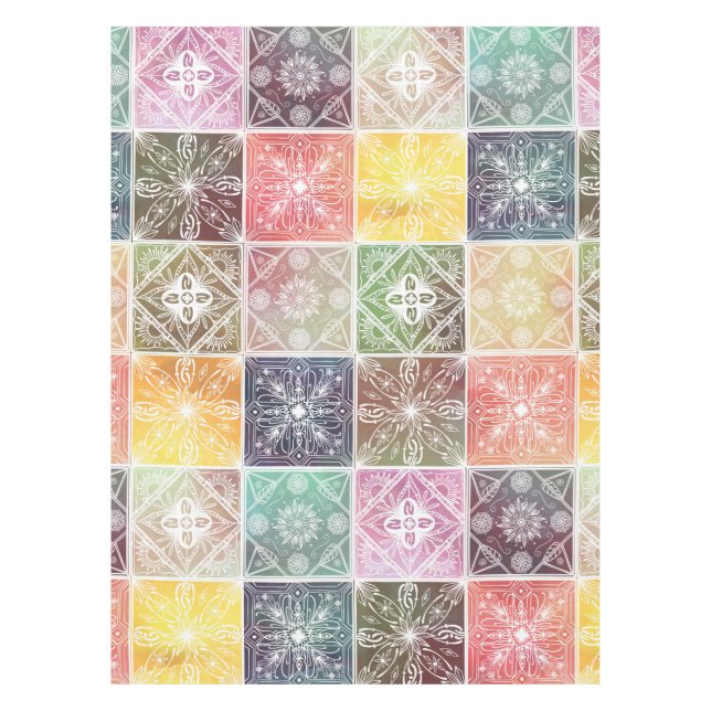 Trendy White Geometric Ornament Colorful Tile Art Tablecloth (Front)