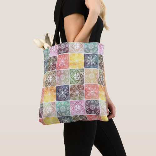 Trendy White Geometric Ornament Colorful Tile Art Tote Bag