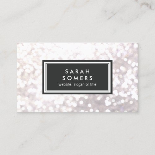 Trendy White Glitter Bokeh Stylish Black Plaque Business Cards