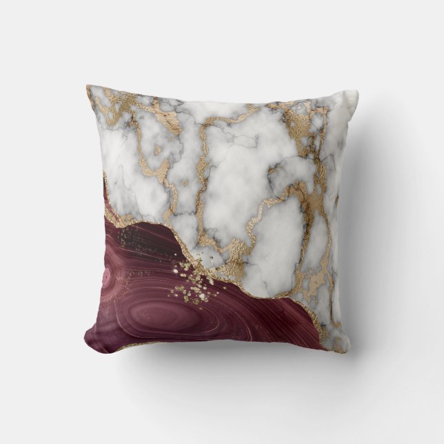 Trendy White Gold Burgundy Marble Stone Texture   Throw Pillow (Front)